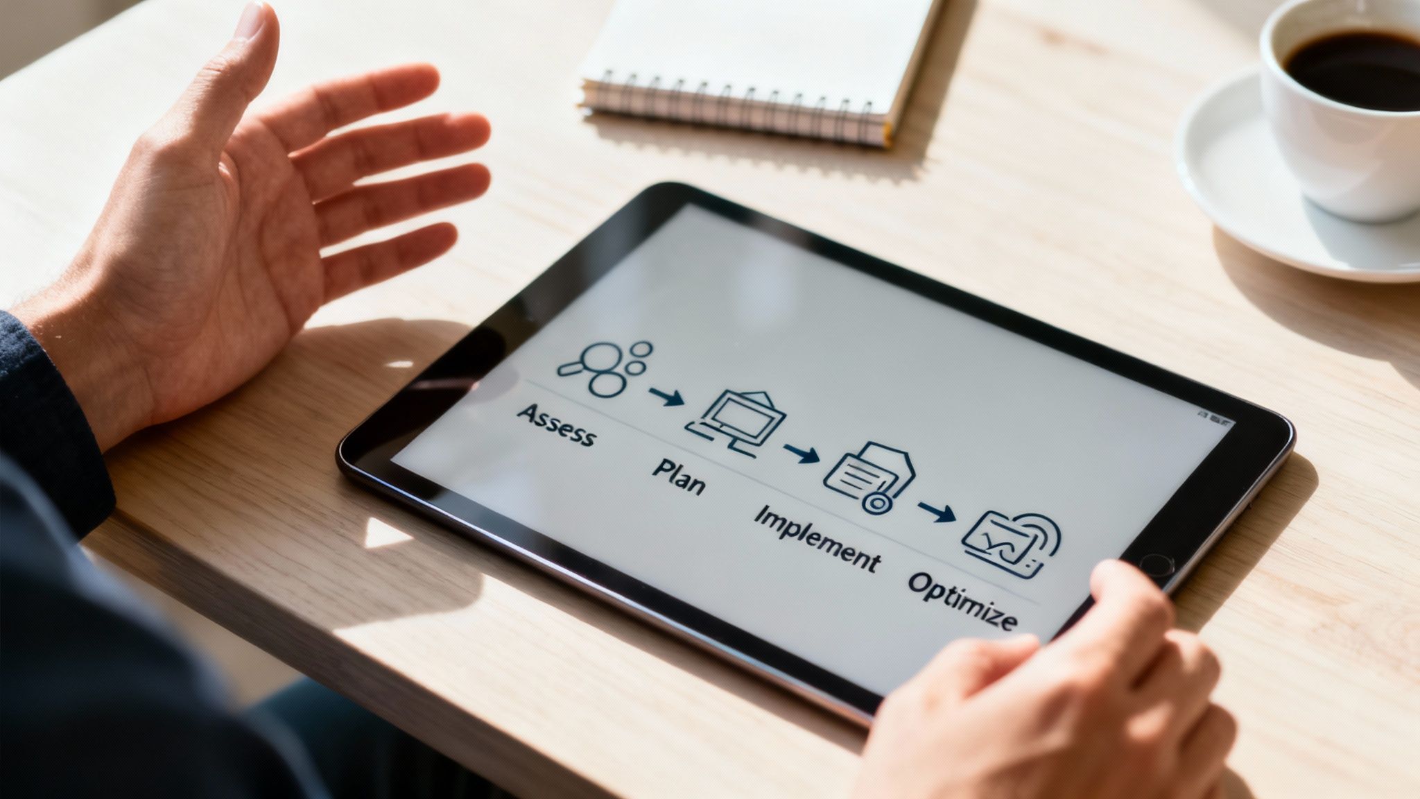 Business person reviewing workflow diagram showing assess, plan, implement, optimize process on tablet device