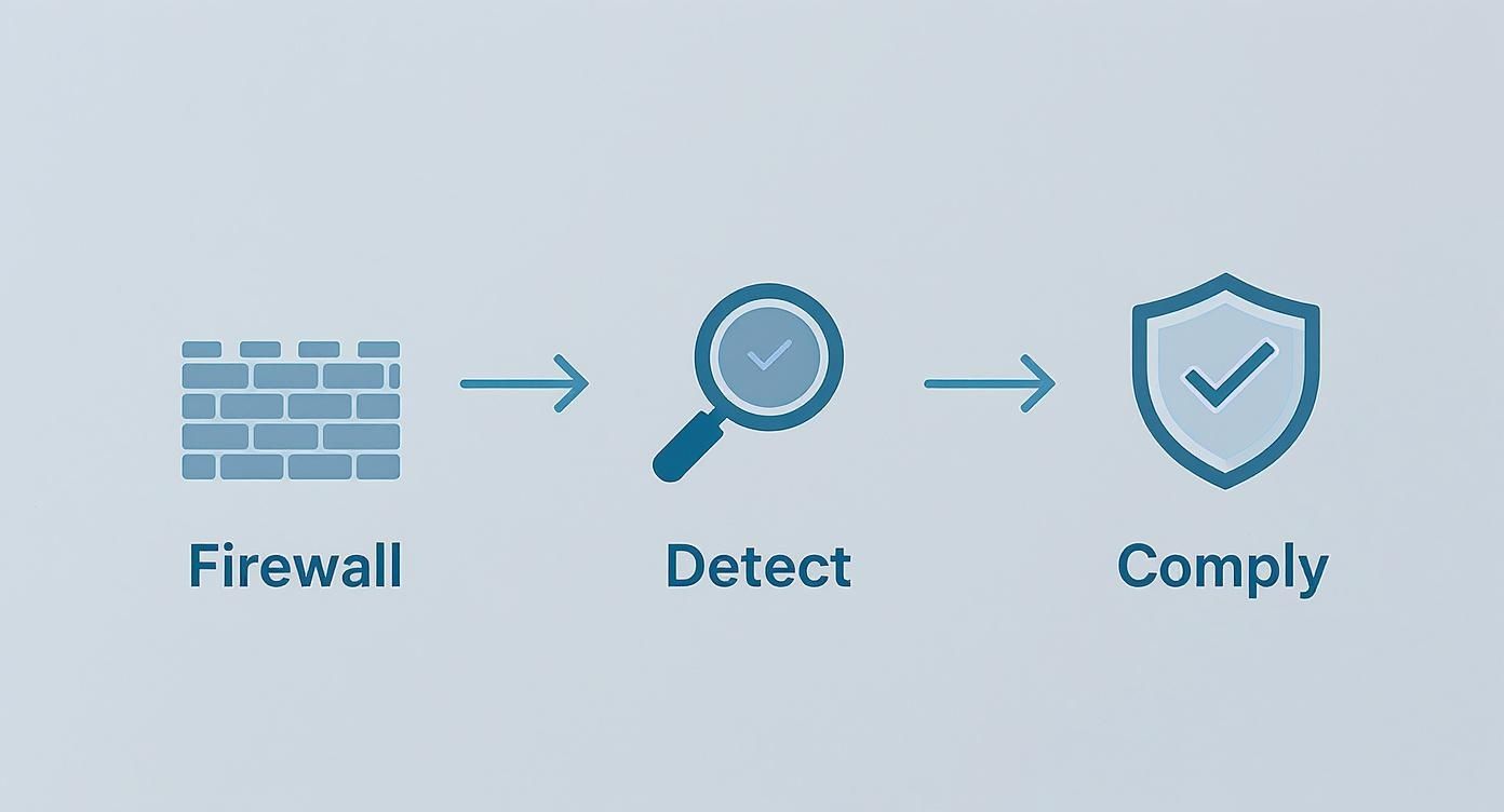A diagram illustrating the cybersecurity process: Firewall, Detect, and Comply, with arrows indicating flow.