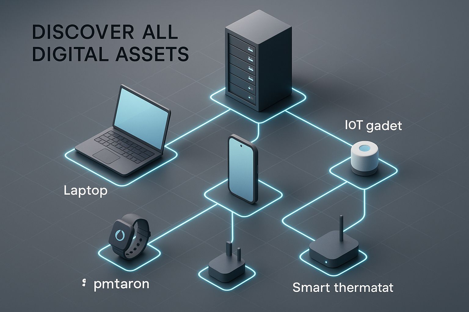 Infographic of a 3D network map showing servers, laptops, smartphones, and IoT gadgets connected by neon lines, illustrating the discovery of all digital assets in a vulnerability management process.