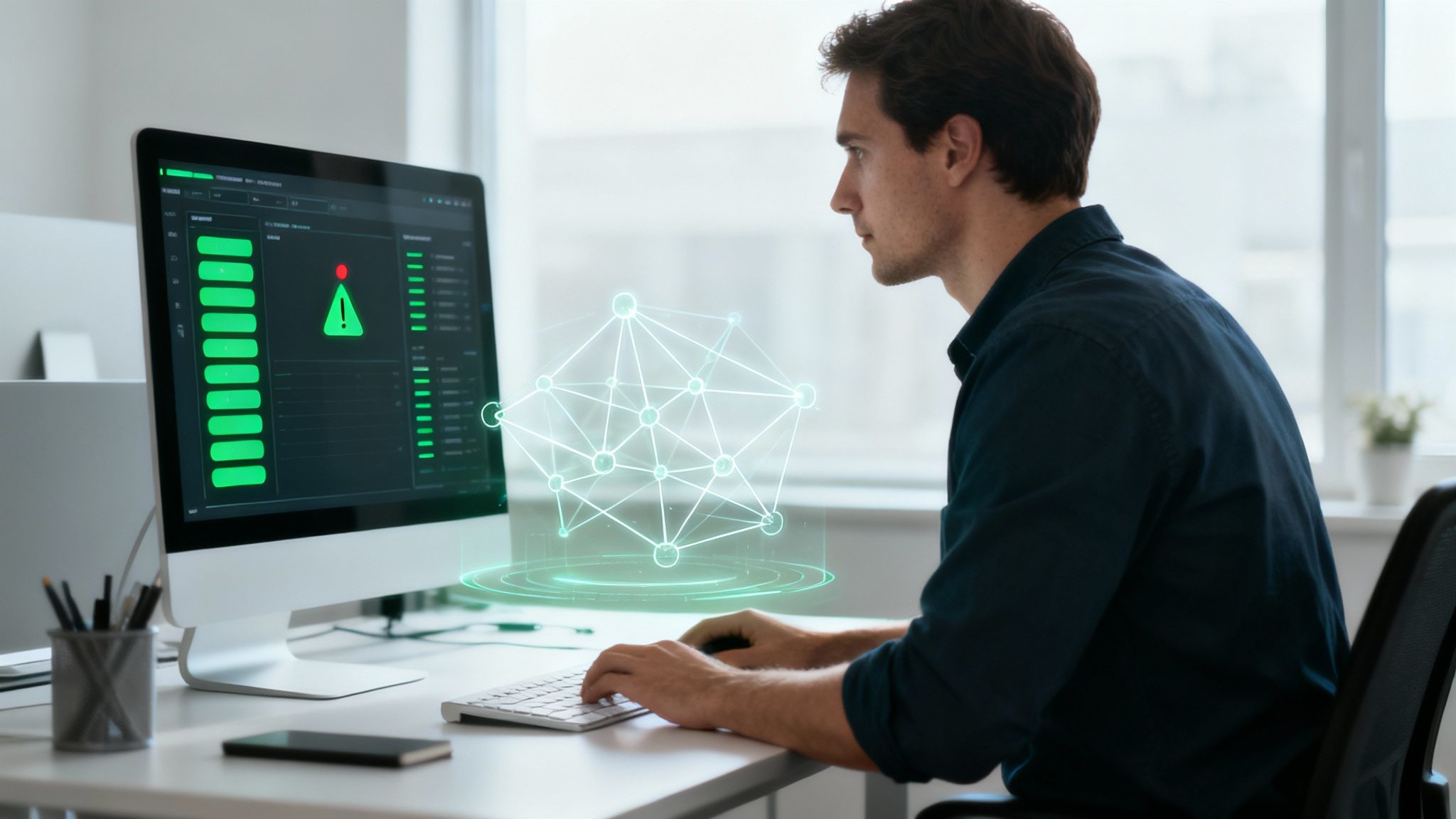 IT professional monitoring network infrastructure with holographic neural network visualization and alert system dashboard