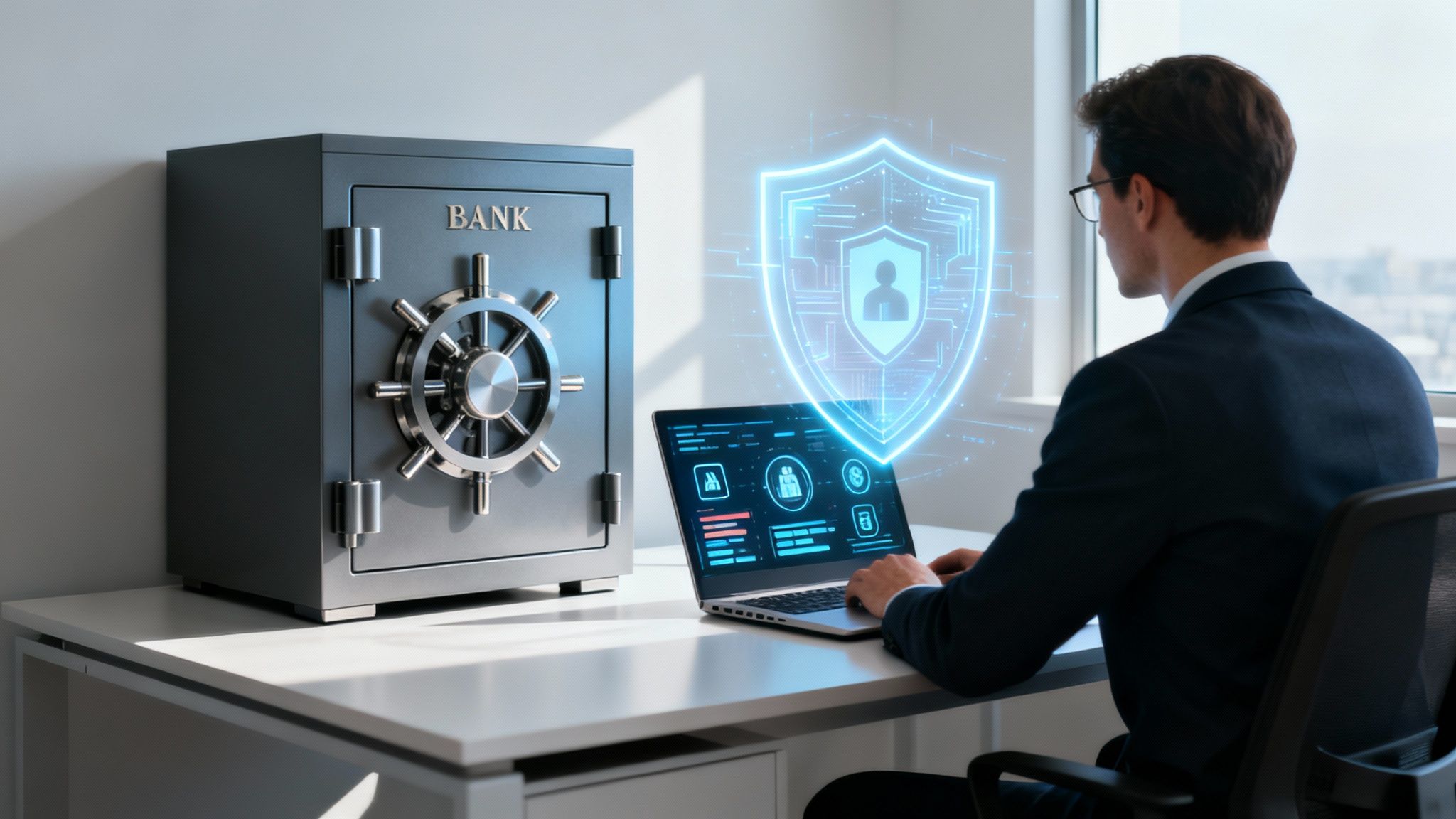 A man in a suit uses a laptop with a glowing digital security shield next to a bank safe.
