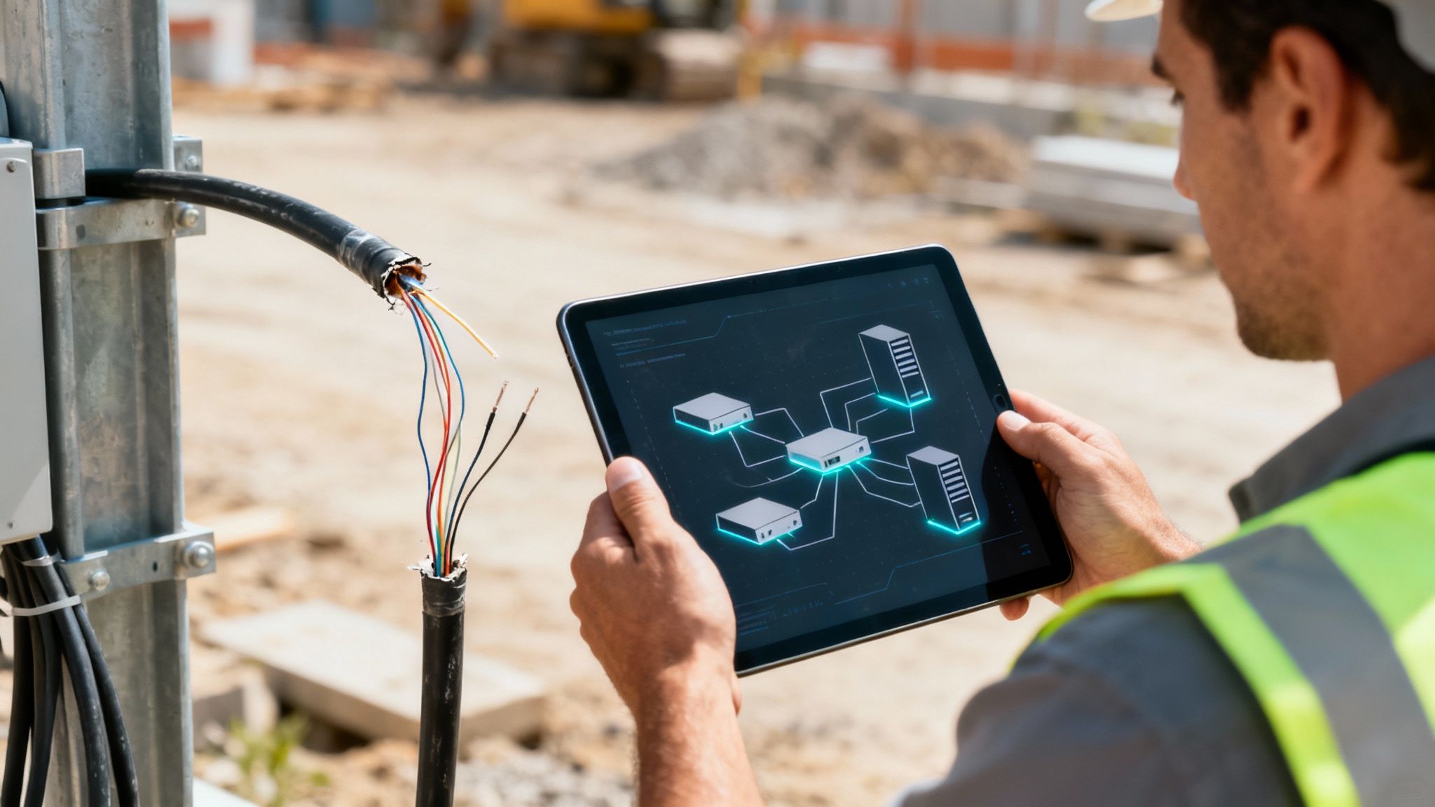 A network engineer examining a server rack with focus, symbolizing a detailed network risk assessment.
