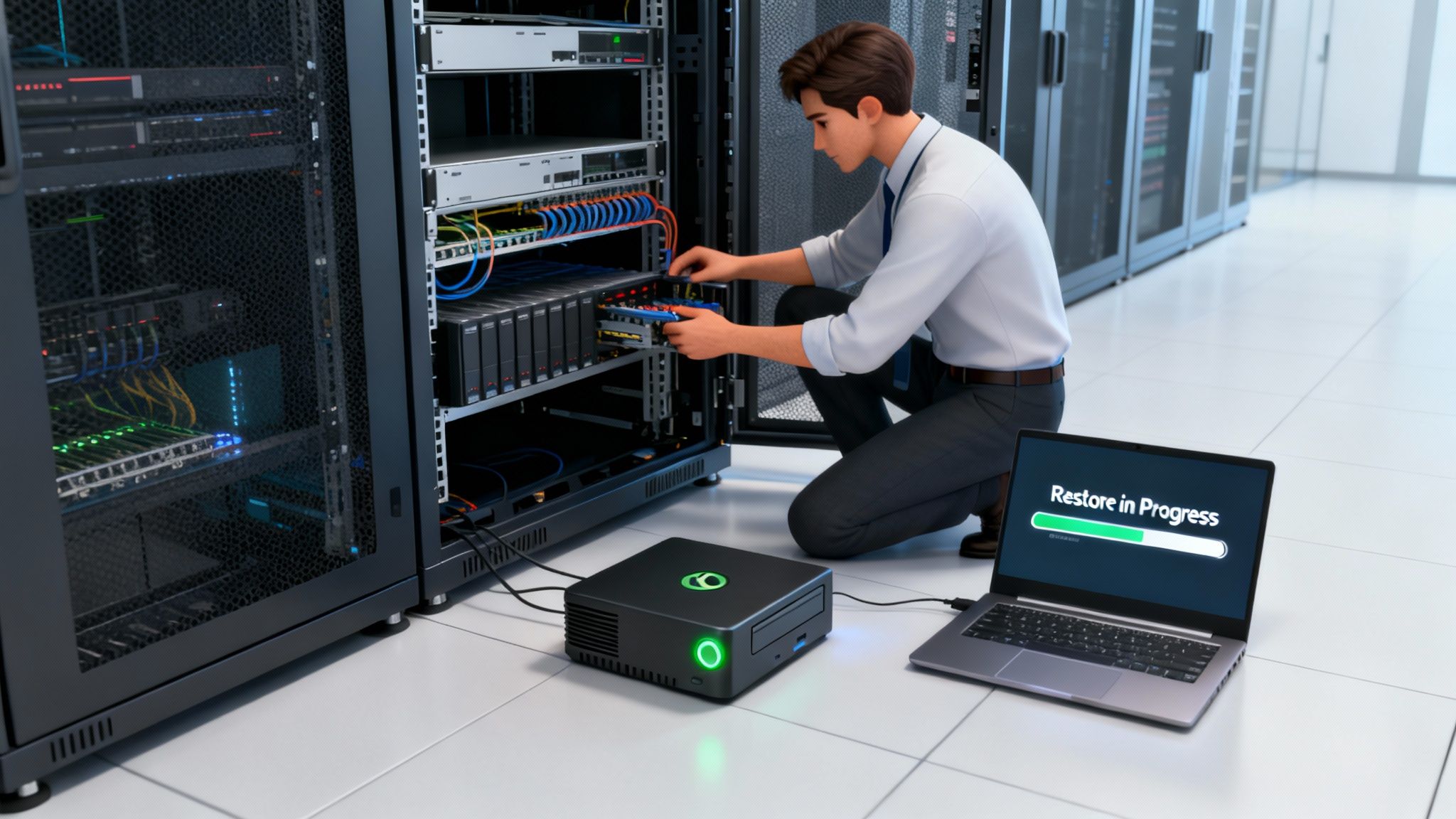 IT professional working on server racks while data is restored from an external drive to a laptop.