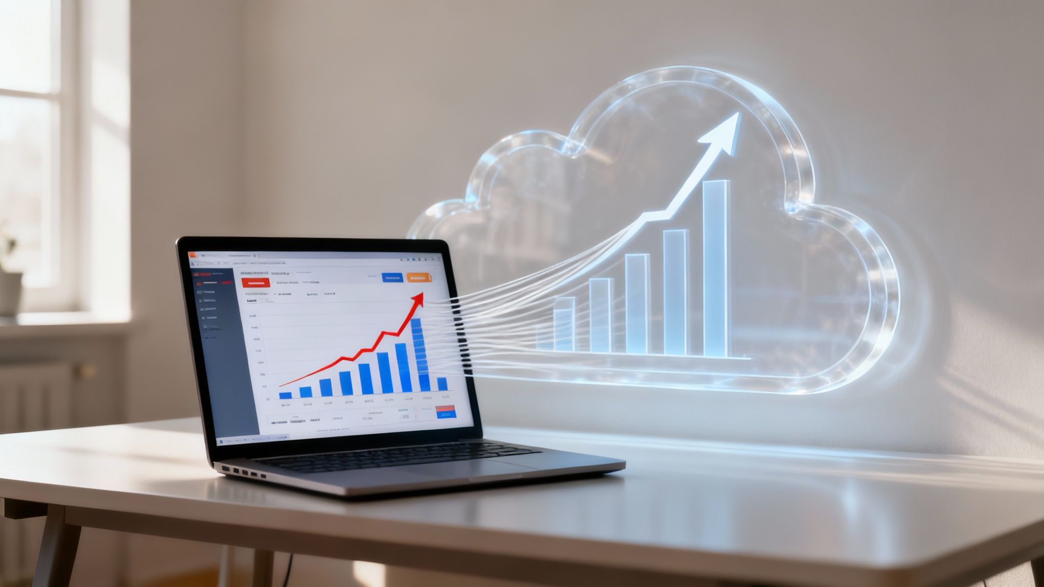 A laptop displaying a growth chart connected to a holographic cloud icon with an upward arrow.