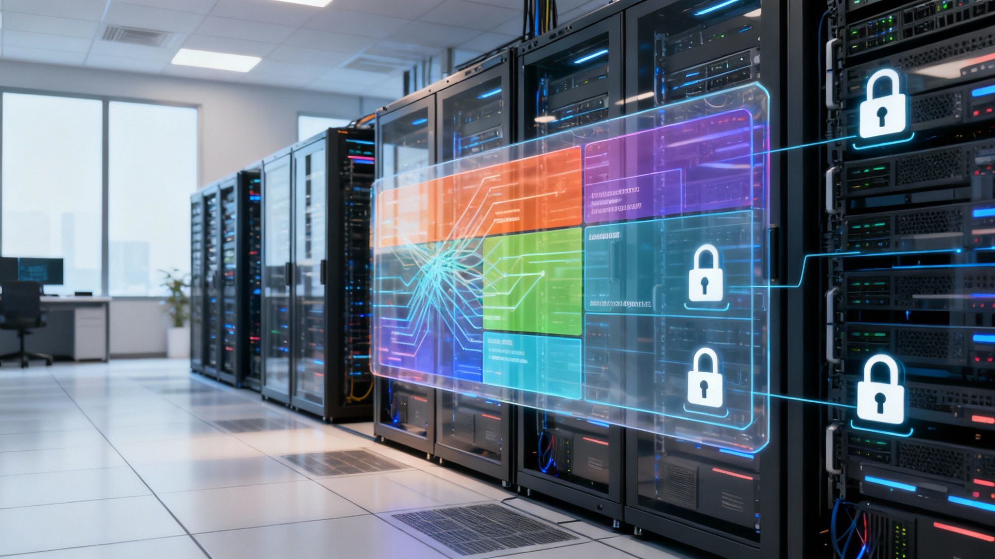 A secure server room with glowing blue lights, symbolizing robust technical infrastructure and hardened defenses against cyber threats.