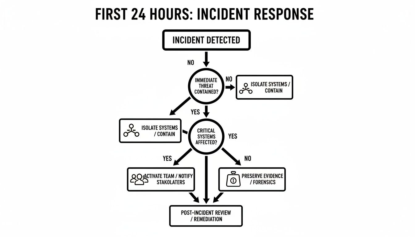 A flowchart outlining the first 24 hours of incident response, from detection to remediation.