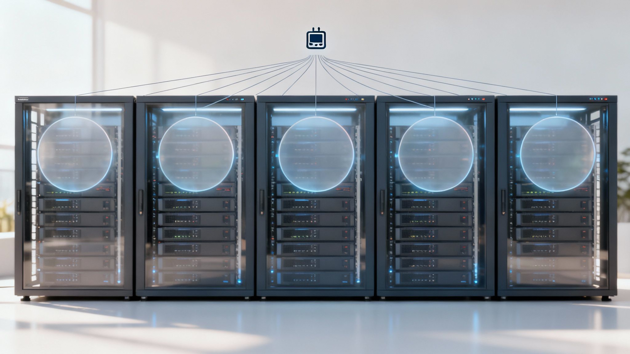 Five server racks illustrating network segmentation and data flow in a modern data center environment.