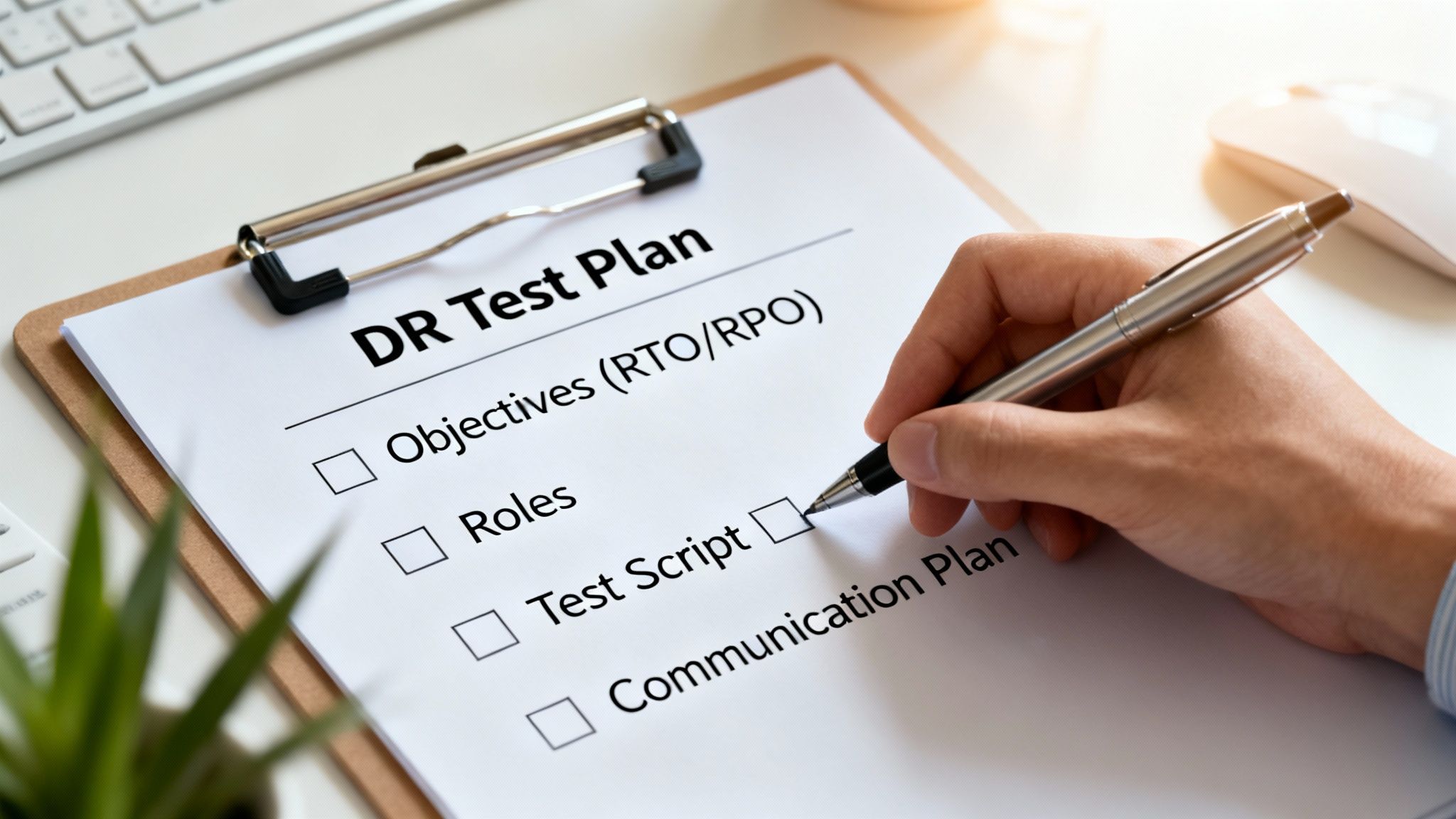 A hand checks a checkbox on a 'DR Test Plan' document, outlining disaster recovery procedures.