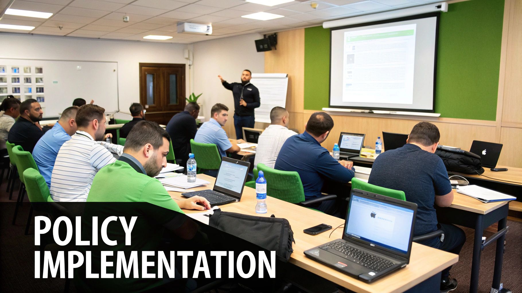 People in a meeting discussing a strategic security rollout plan.