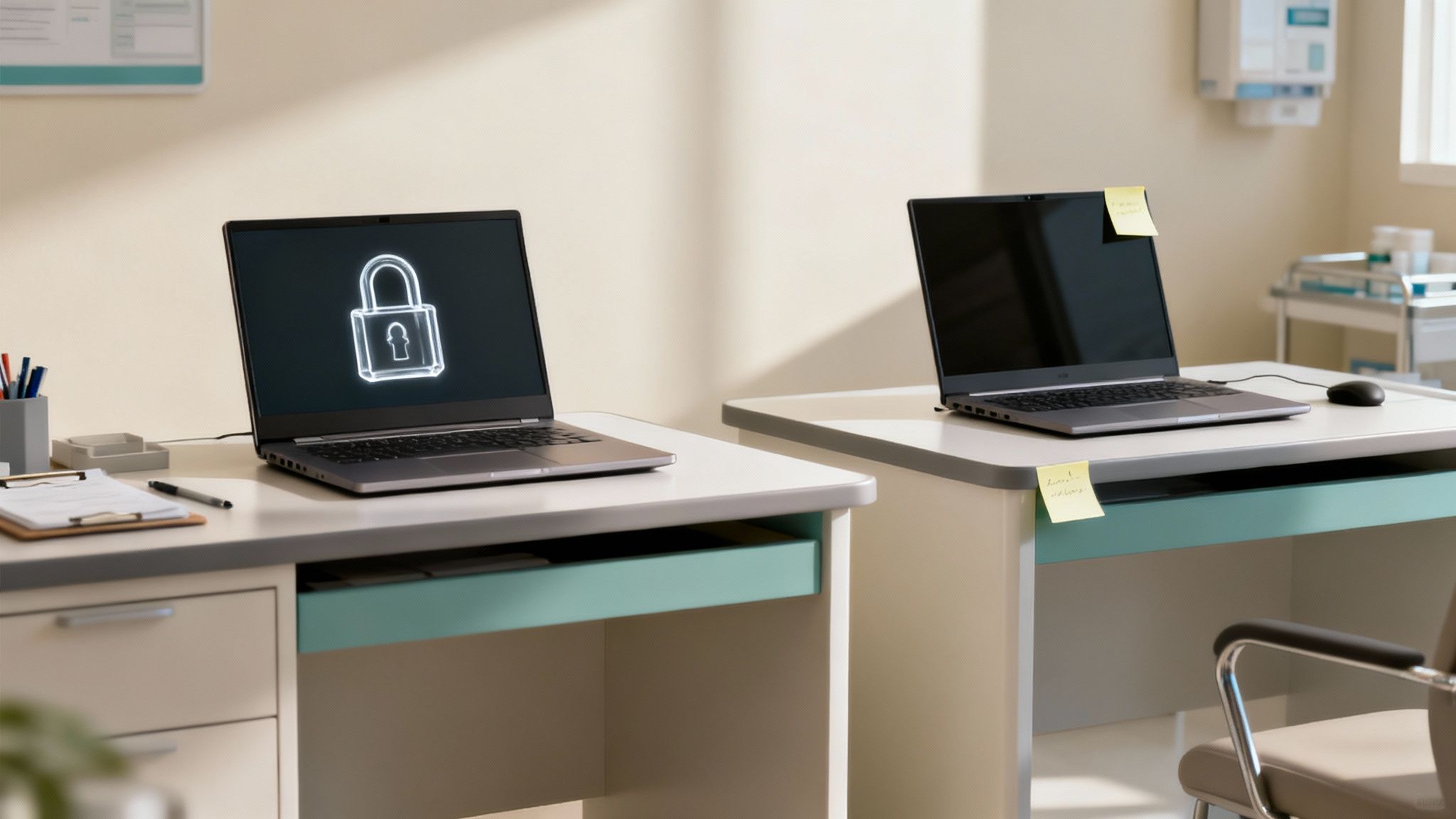 Two laptops on office desks displaying padlock security icon representing HIPAA compliance and data protection