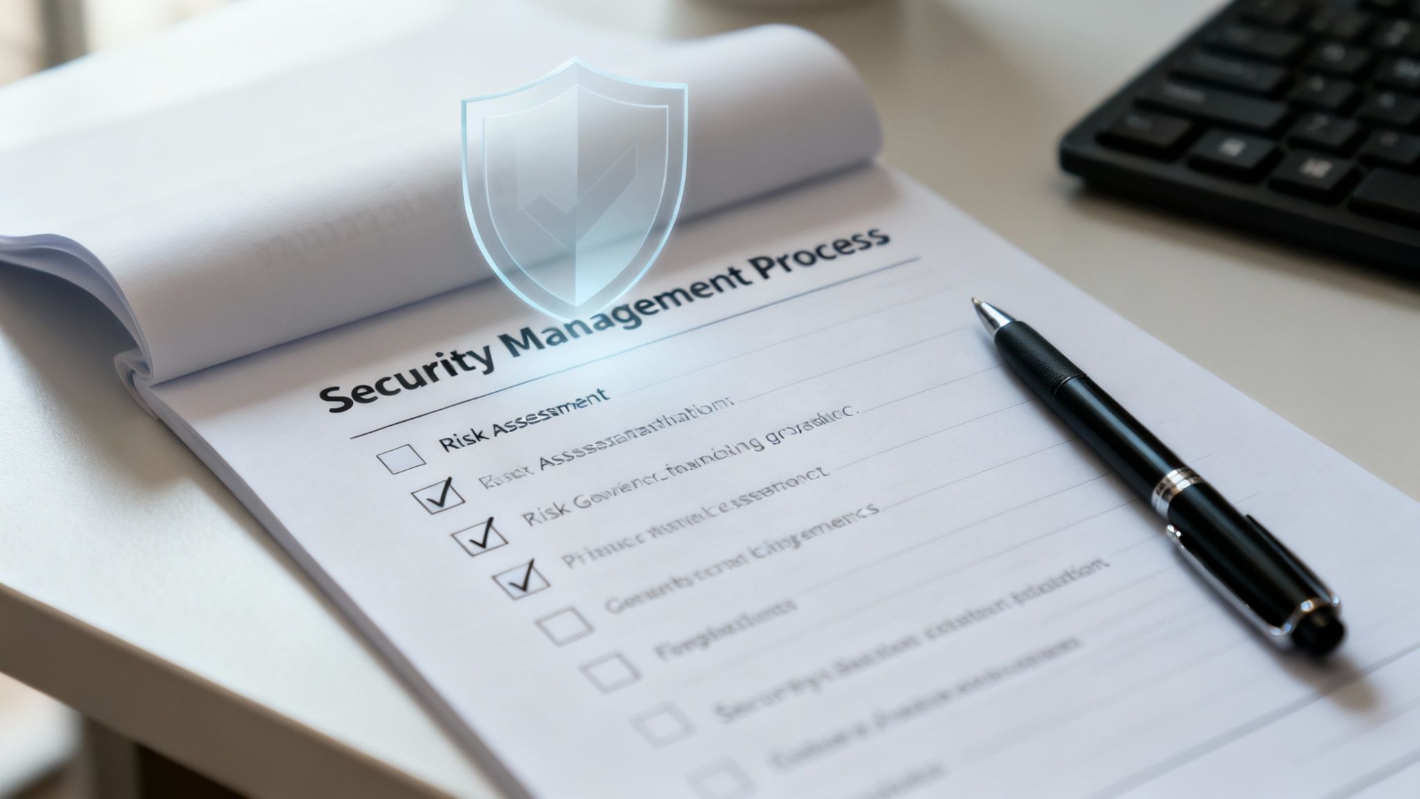 A security management process checklist on a clipboard with a pen, showing checked items and a digital shield icon.
