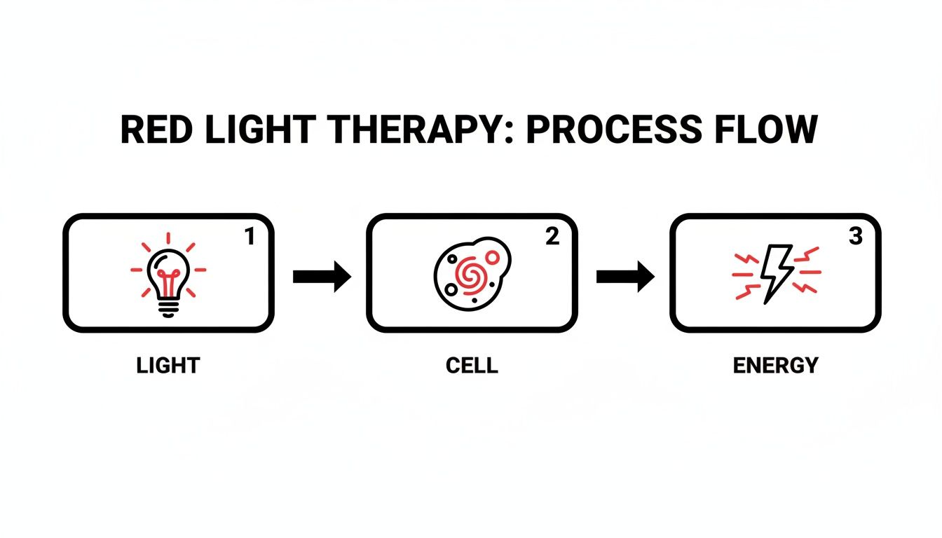 A three-step diagram illustrates the red light therapy process: light transforms into cellular energy.