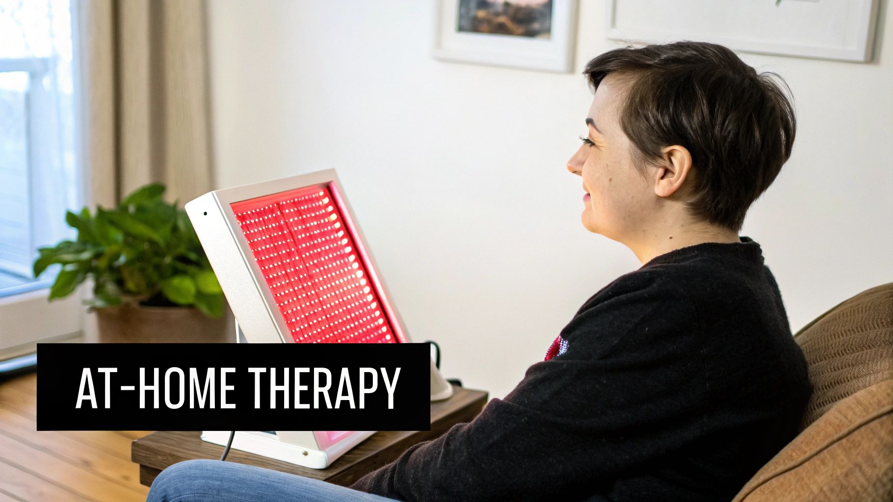 A smiling woman with short hair sits comfortably, receiving at-home red light therapy.
