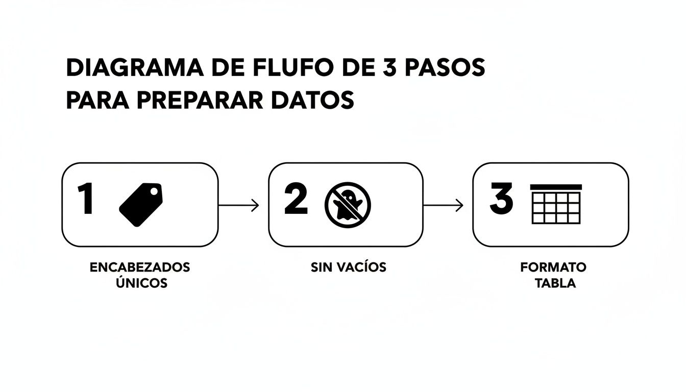 Diagrama de flujo de 3 pasos para preparar datos: encabezados únicos, sin vacíos y en formato de tabla.
