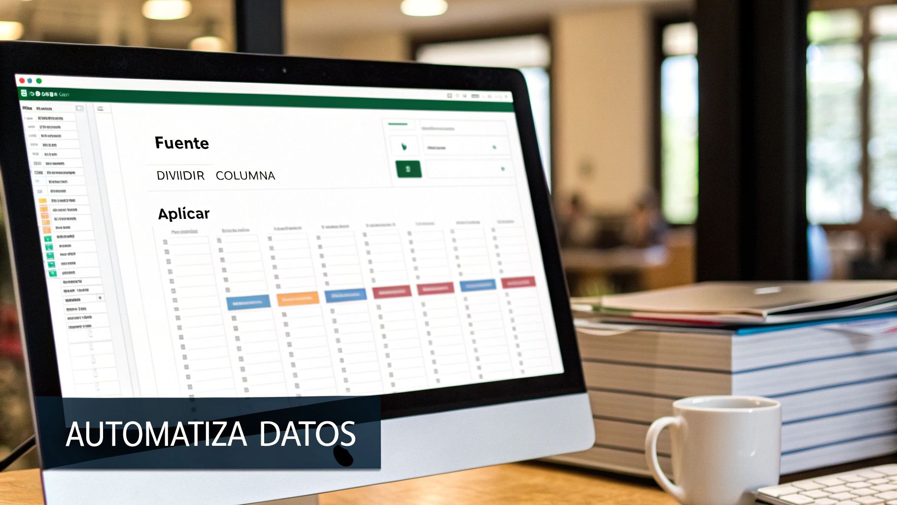 Pantalla de ordenador mostrando una aplicación de gestión de datos, con texto 'Fuente' y 'DIVIDIR COLUMNA', en un entorno de oficina.