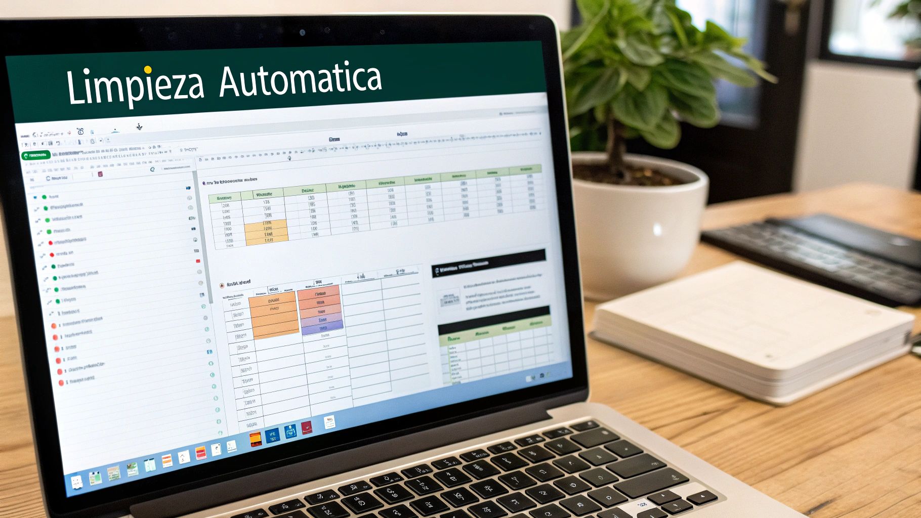 Laptop en un escritorio de madera con una hoja de cálculo 'Limpieza Automatica' visible, junto a una planta y un cuaderno.