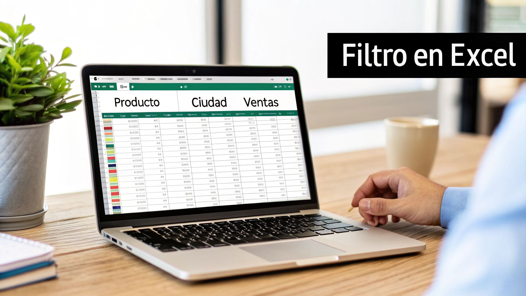 Una persona trabajando en una laptop con una hoja de cálculo de Excel mostrando datos de producto, ciudad y ventas.