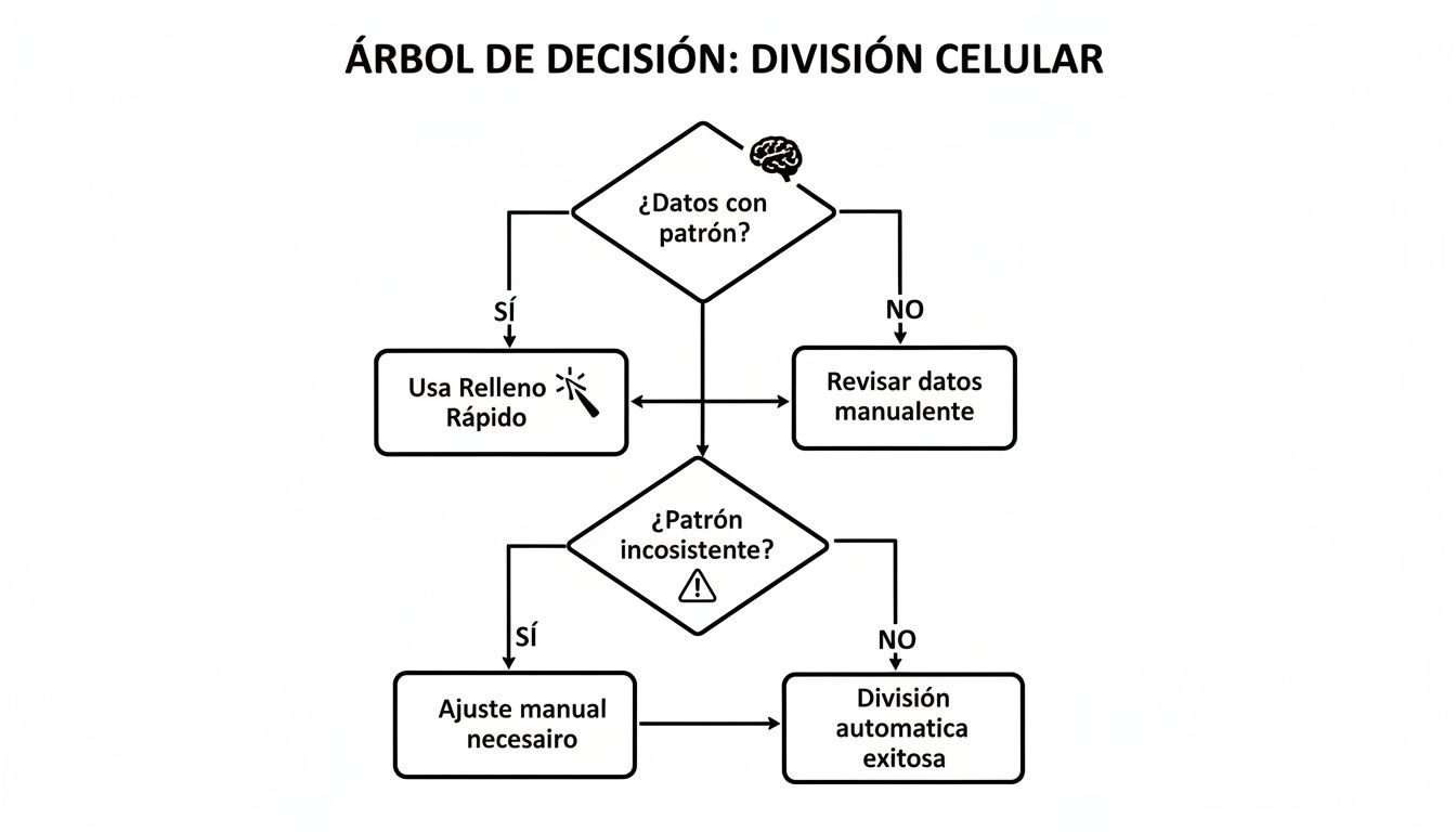 Diagrama de flujo de árbol de decisión para dividir datos en Excel usando patrones y relleno rápido.