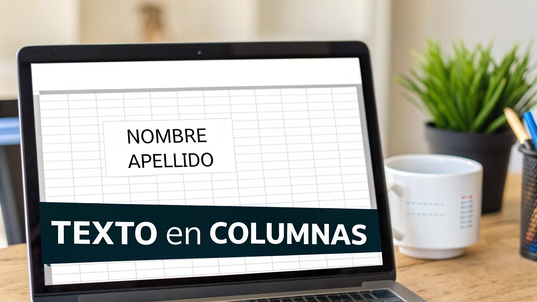 Pantalla de laptop mostrando hoja de cálculo con 'NOMBRE APELLIDO' y título 'TEXTO en COLUMNAS', ilustrando función de Excel.