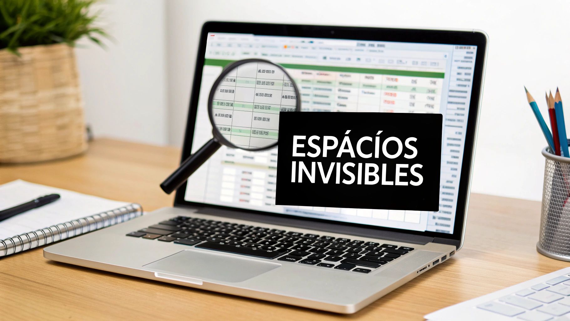 Una computadora portátil en un escritorio mostrando una hoja de cálculo con una lupa y el texto 'ESPACIOS INVISIBLES'.