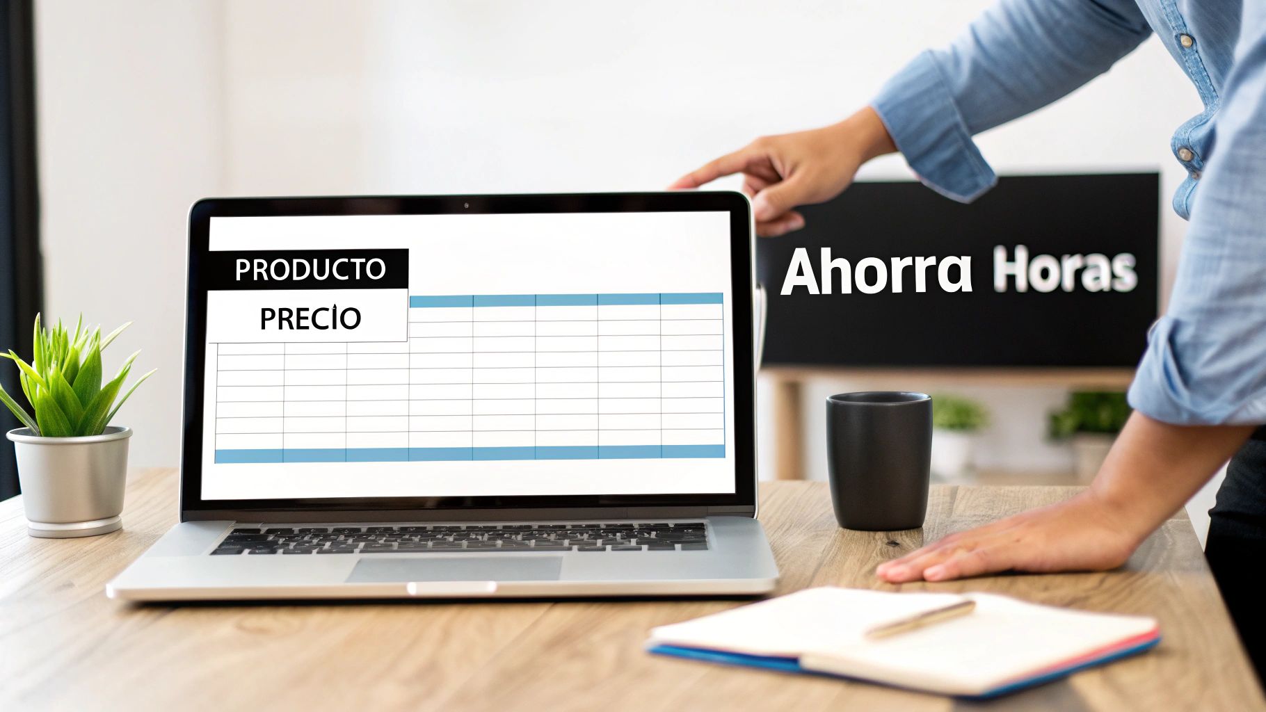 Persona apuntando a una laptop con una hoja de cálculo mostrando "PRODUCTO" y "PRECIO", y texto "Ahorra Horas".