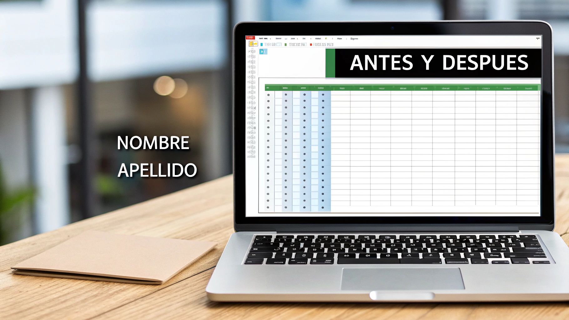 Pantalla de laptop con una hoja de cálculo de Excel 'ANTES Y DESPUES' y una carpeta en la mesa.