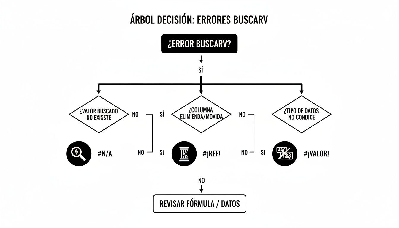 Diagrama de flujo que detalla un árbol de decisión para diagnosticar errores comunes de BUSCARV.