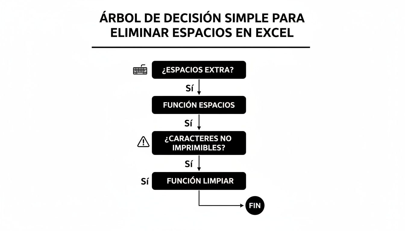Diagrama de flujo simple para eliminar espacios extra y caracteres no imprimibles en Excel usando funciones ESPACIOS y LIMPIAR.