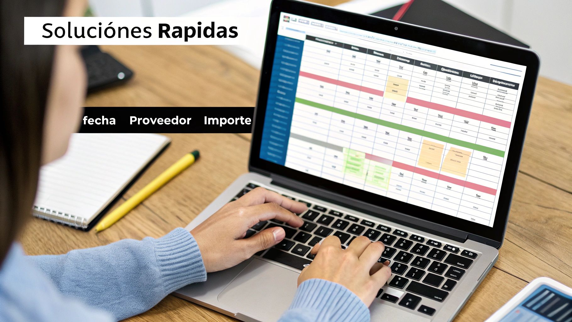 Persona trabajando en laptop, con una hoja de cálculo de soluciones rápidas y datos de proveedor.