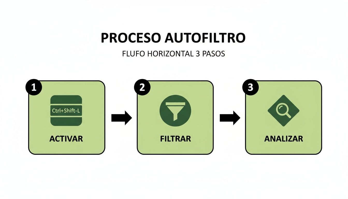 Diagrama de flujo de 3 pasos para el autofiltro en Excel: Activar (Ctrl+Shift-L), Filtrar y Analizar.