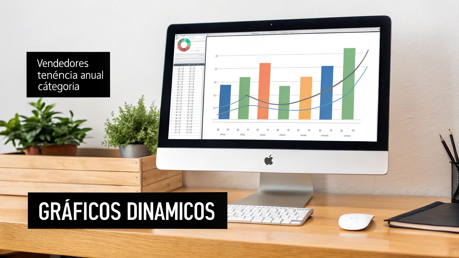 Gráficos dinámicos mostrando tendencias de ventas y categorías en una pantalla de computadora de escritorio.