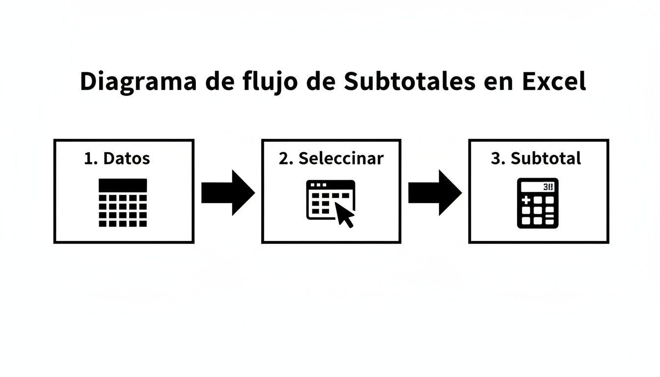 Diagrama de flujo que ilustra los tres pasos para calcular subtotales en Excel: Datos, Seleccionar y Subtotal.