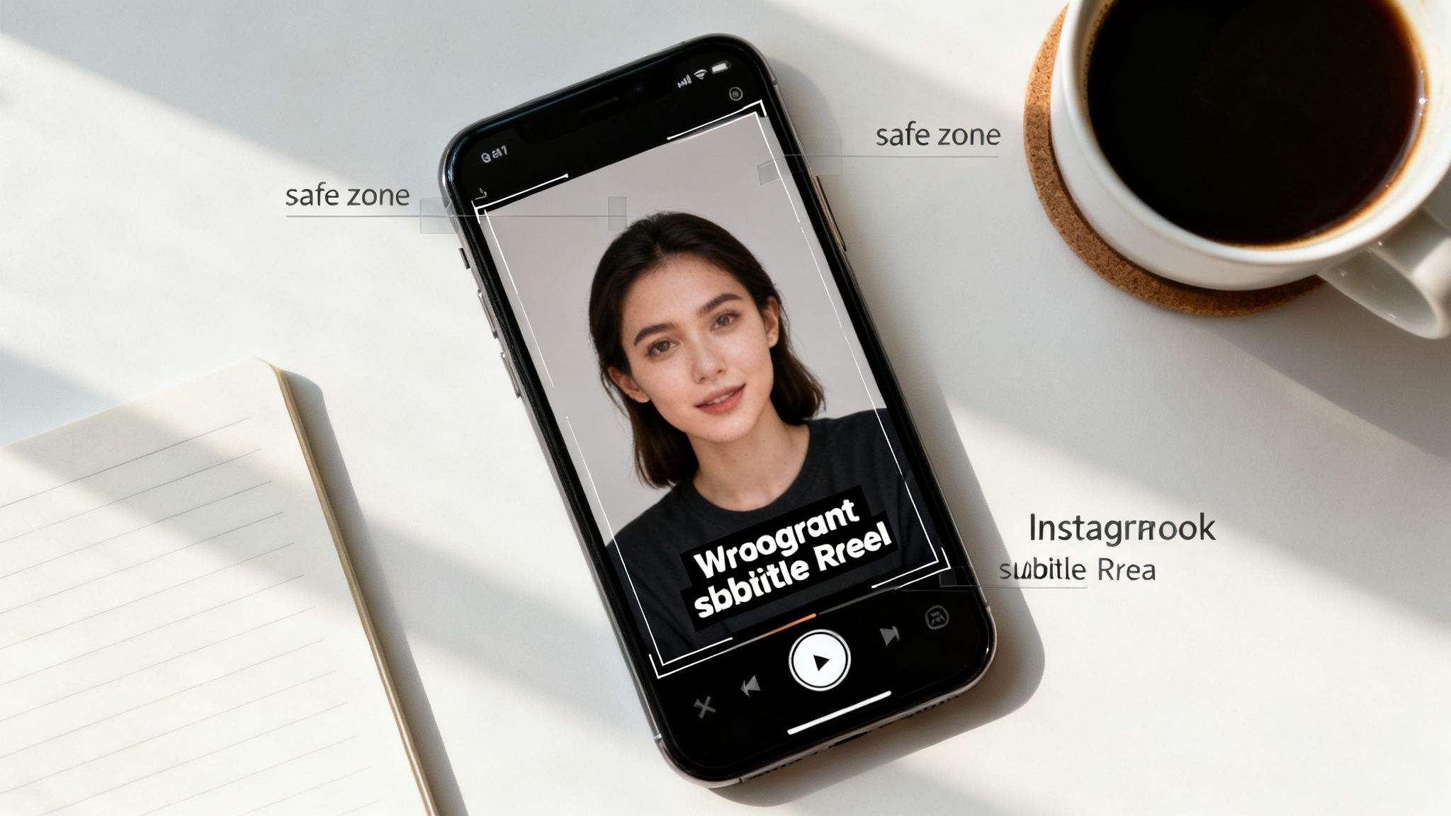 A smartphone displays a video of a woman with 'safe zone' guidelines, on a desk with a notebook and coffee.