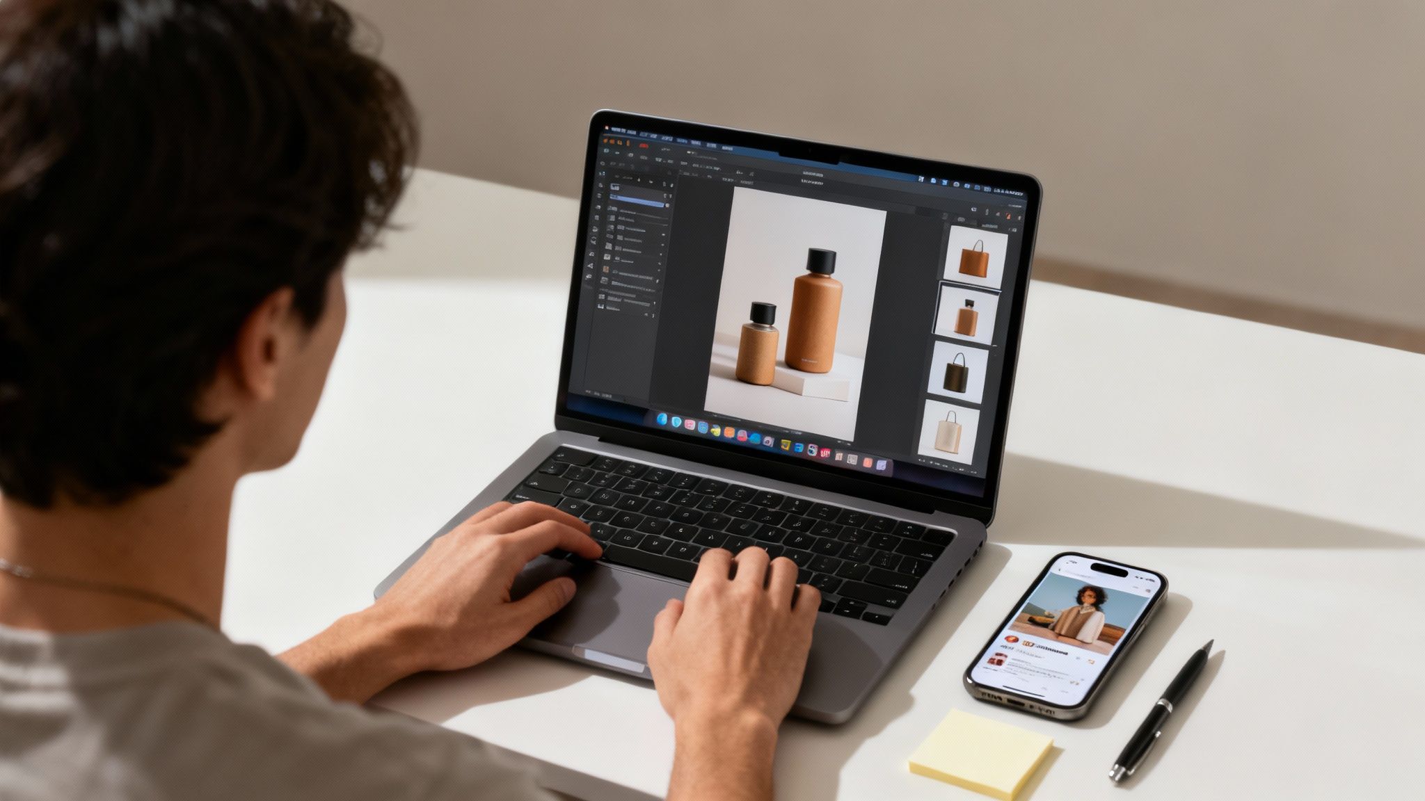 Designer editing product photos of bottles and shopping bags on laptop using graphic design software