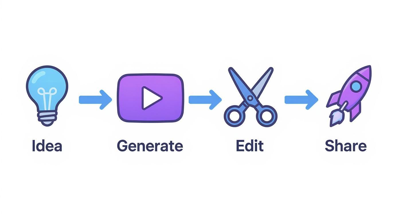 A creative workflow diagram showing steps: Idea, Generate, Edit, and Share, with illustrative icons.