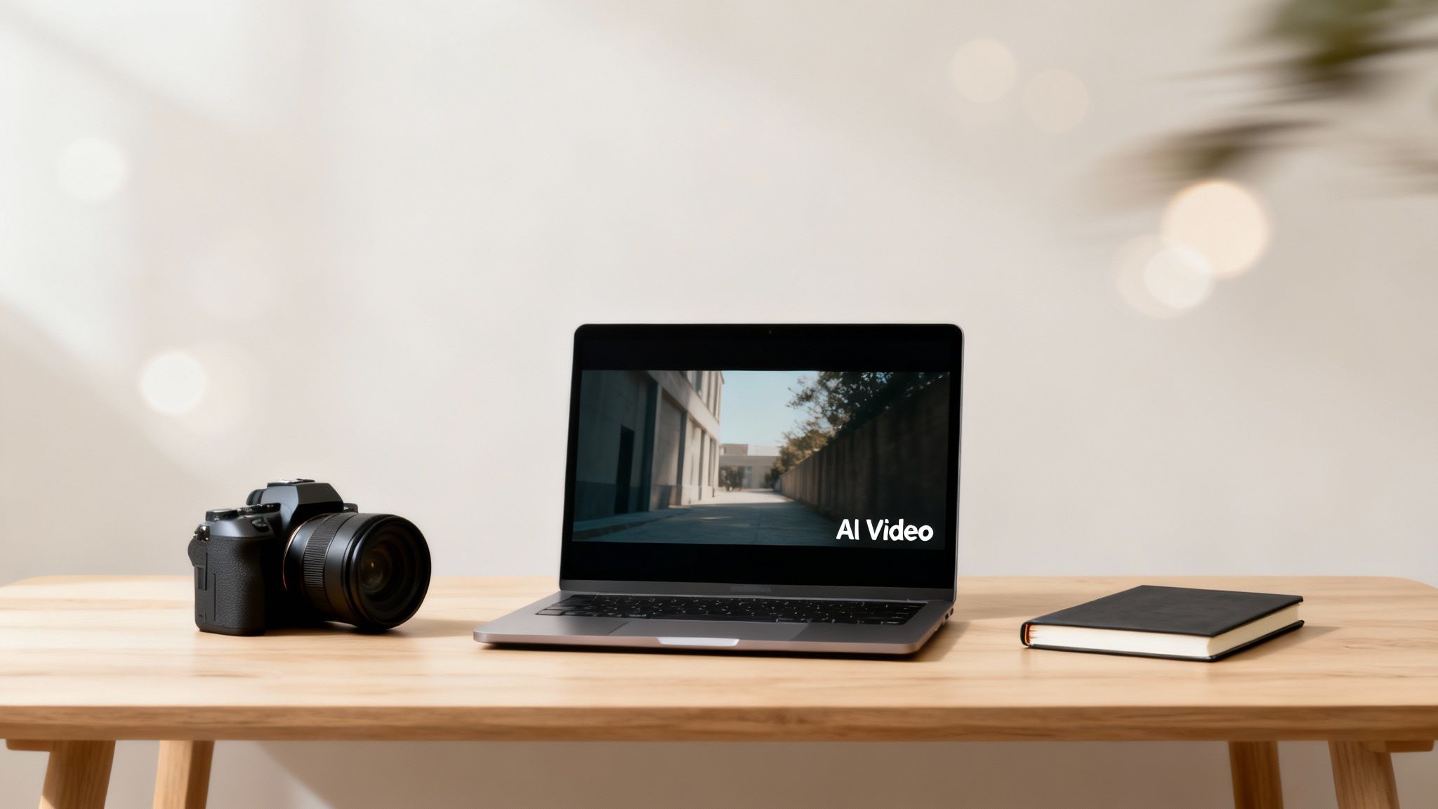 A black digital camera and a laptop displaying 'AI Video' on a wooden desk with a notebook.