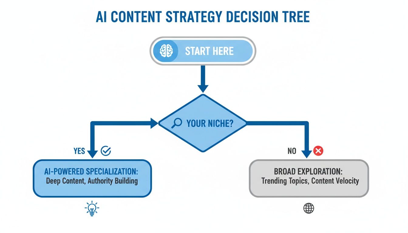 Flowchart illustrating AI content strategy options: niche specialization or broad exploration for trending topics.