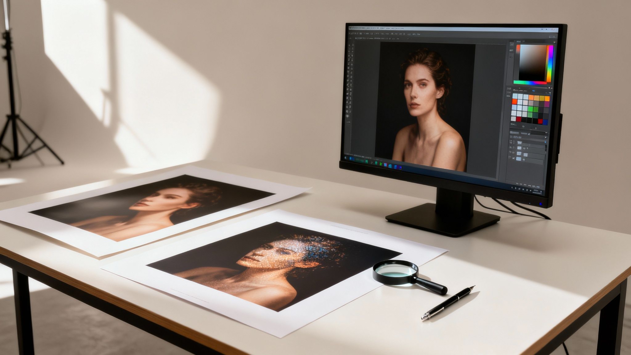 A professional photographer's desk with a monitor showing image editing, printed photos, and a magnifying glass.