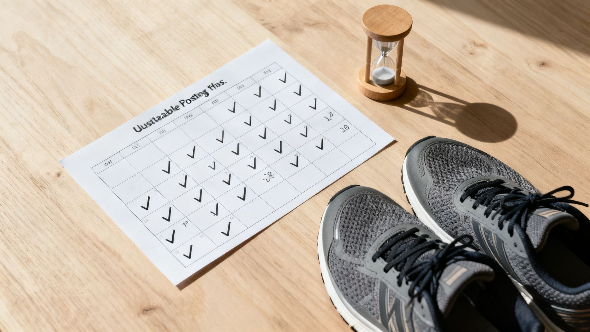 A daily posting schedule with checkmarks, an hourglass, and running shoes on a wooden table.