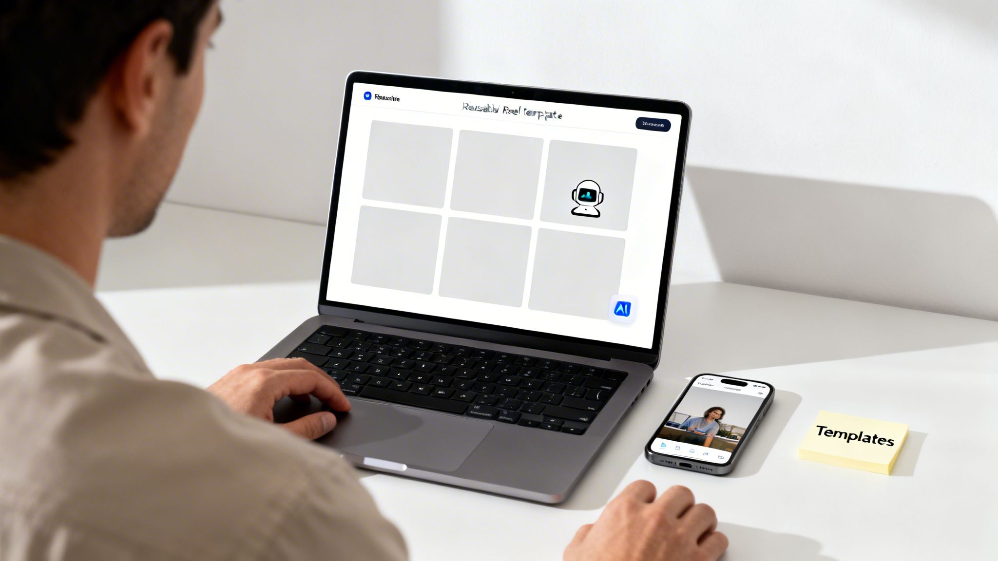 A person views a laptop screen displaying "Reusable Reel Template" with an AI icon, a smartphone, and a 'Templates' sticky note nearby.
