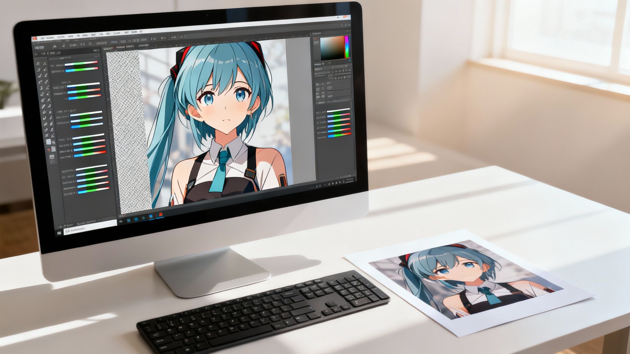 A computer screen displays an anime character being digitally edited, with a printout on a clean desk.