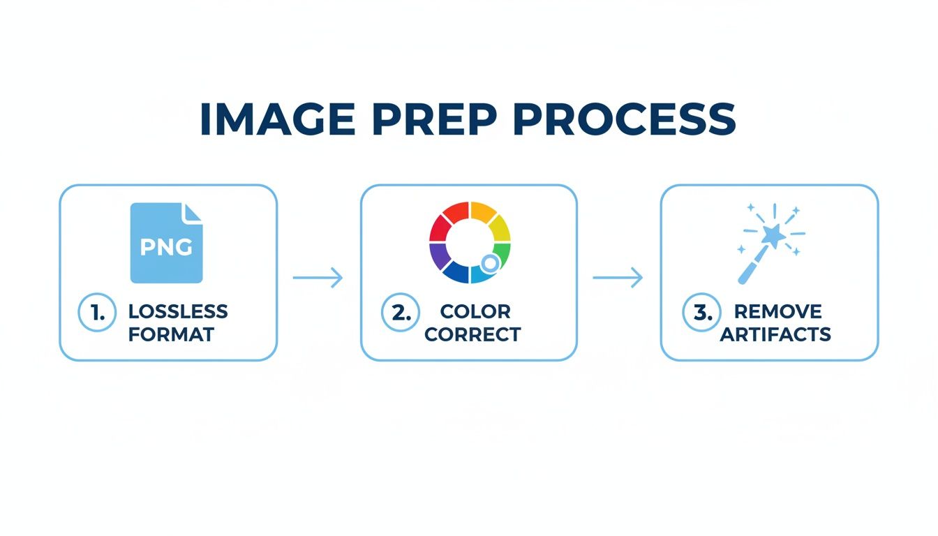 Infographic illustrating a three-step image preparation process: lossless format, color correct, and remove artifacts.