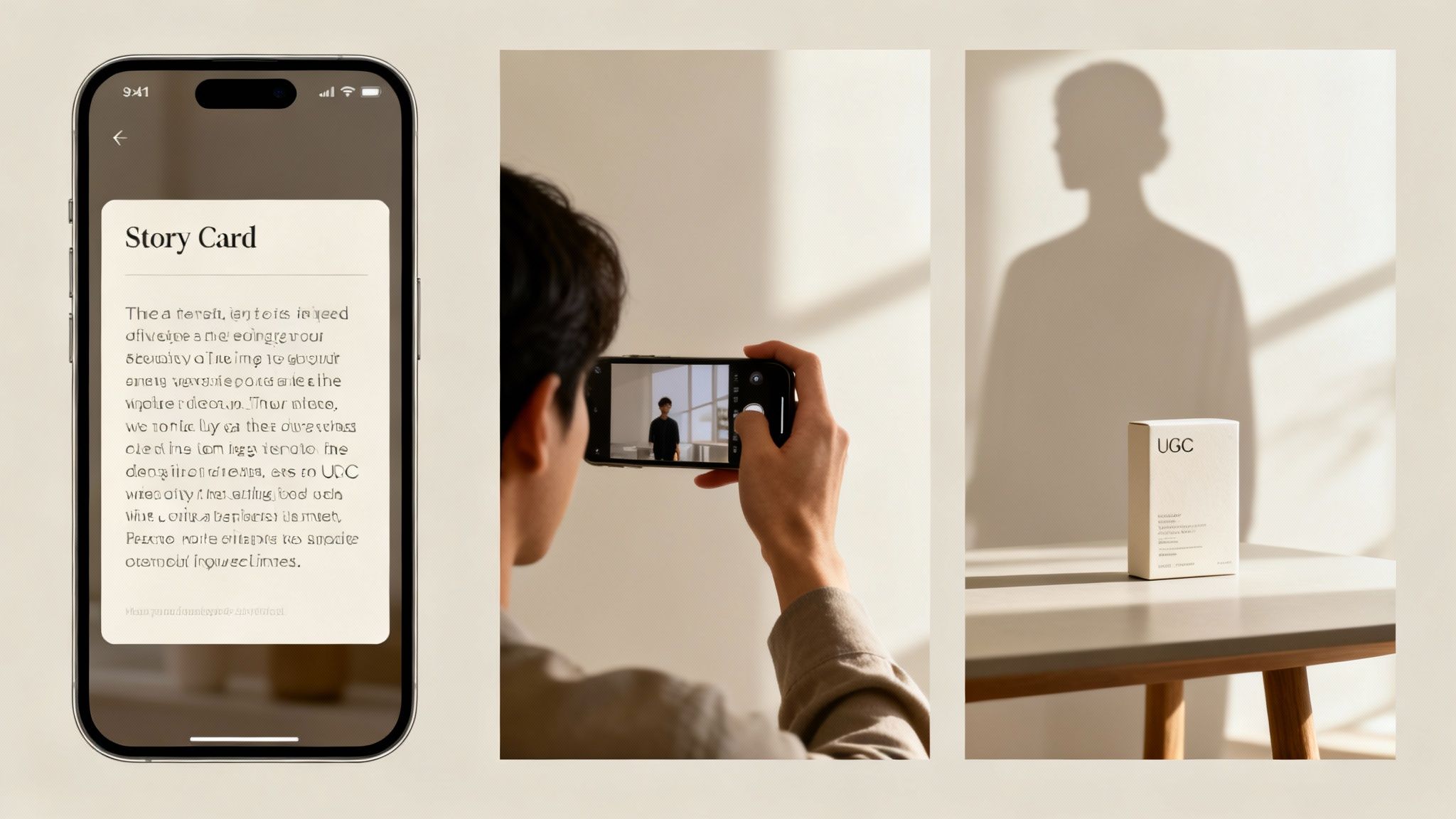 Three panels illustrating digital content creation: a phone screen, a person taking a photo, and a 'UGC' product box.