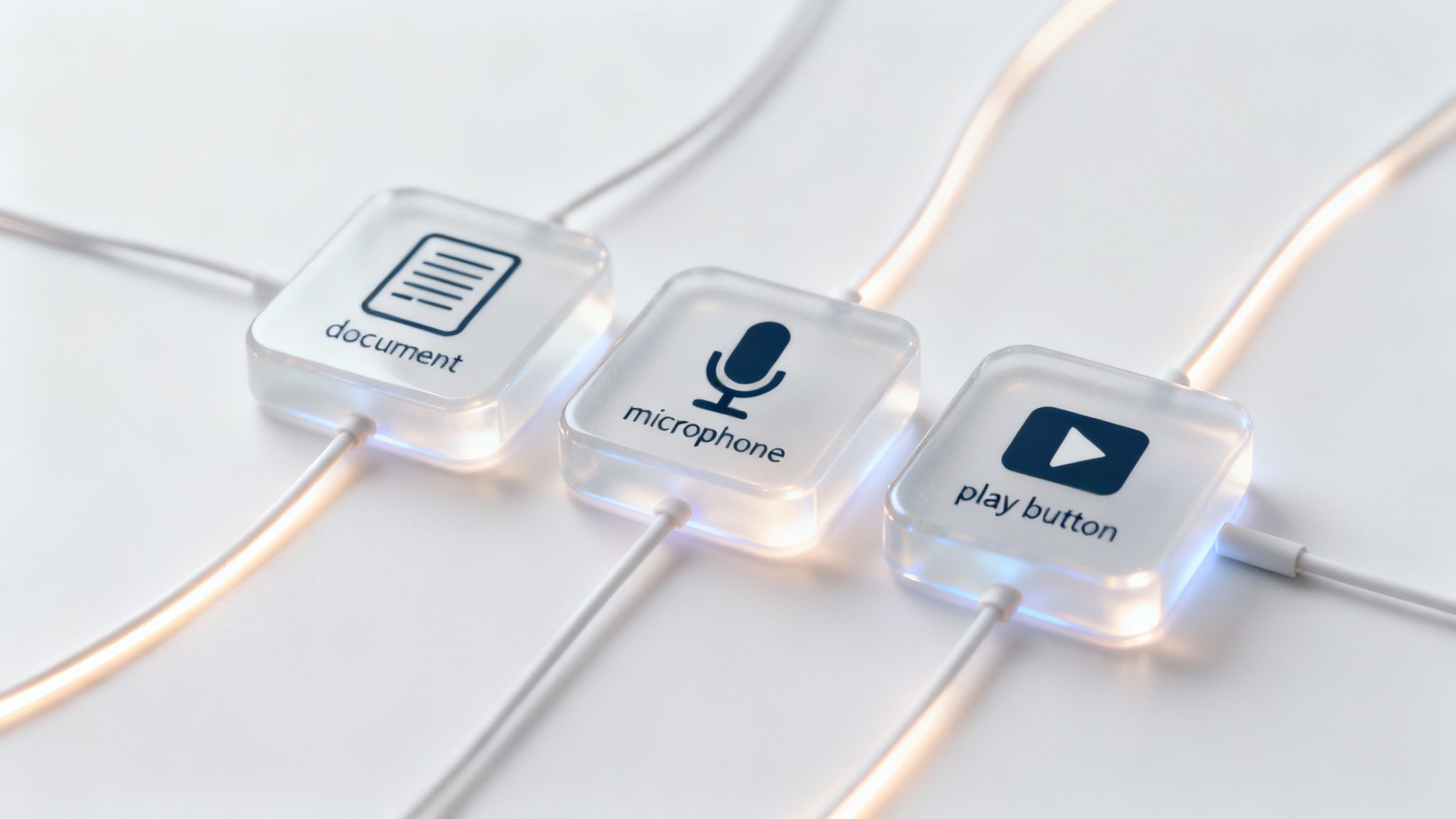 Three illuminated translucent blocks with icons for document, microphone, and play button connected by glowing wires, symbolizing a digital workflow.
