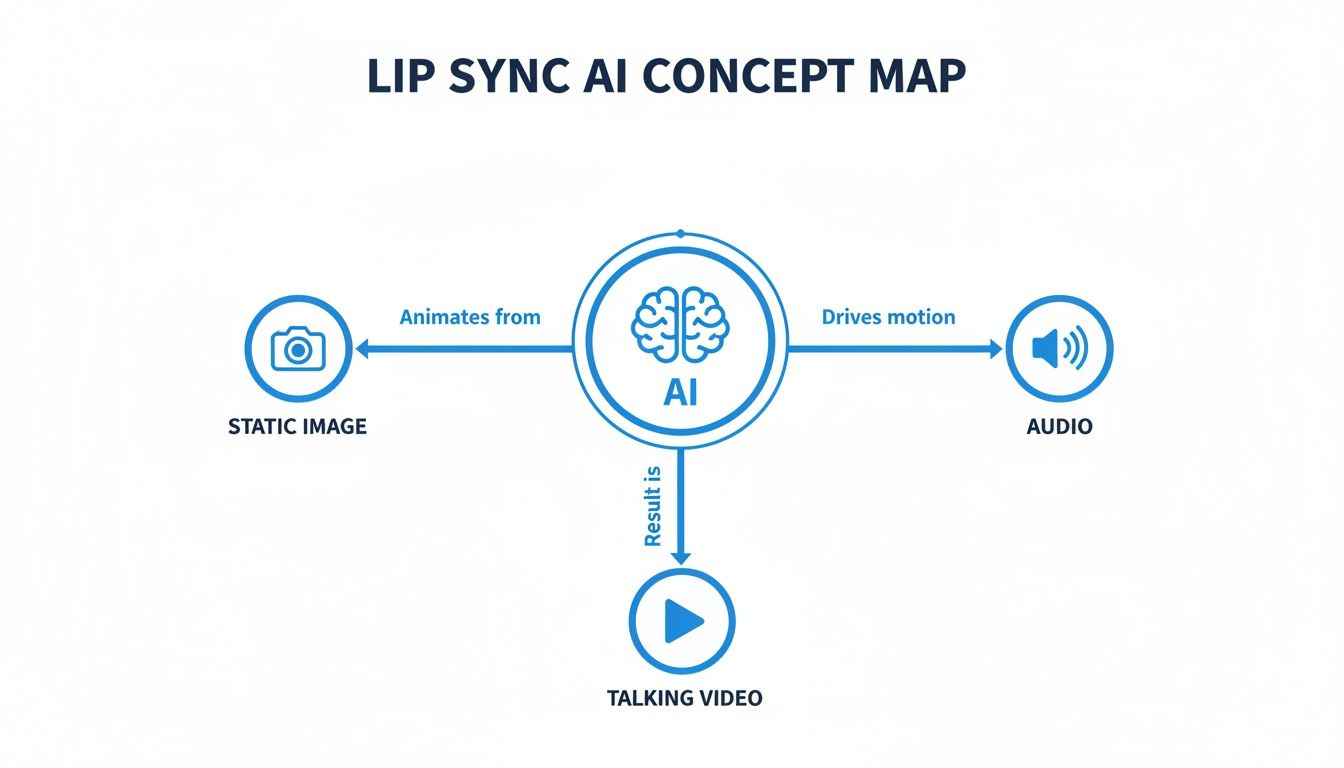 Lip Sync AI concept map showing how AI animates static images with audio to create talking videos.
