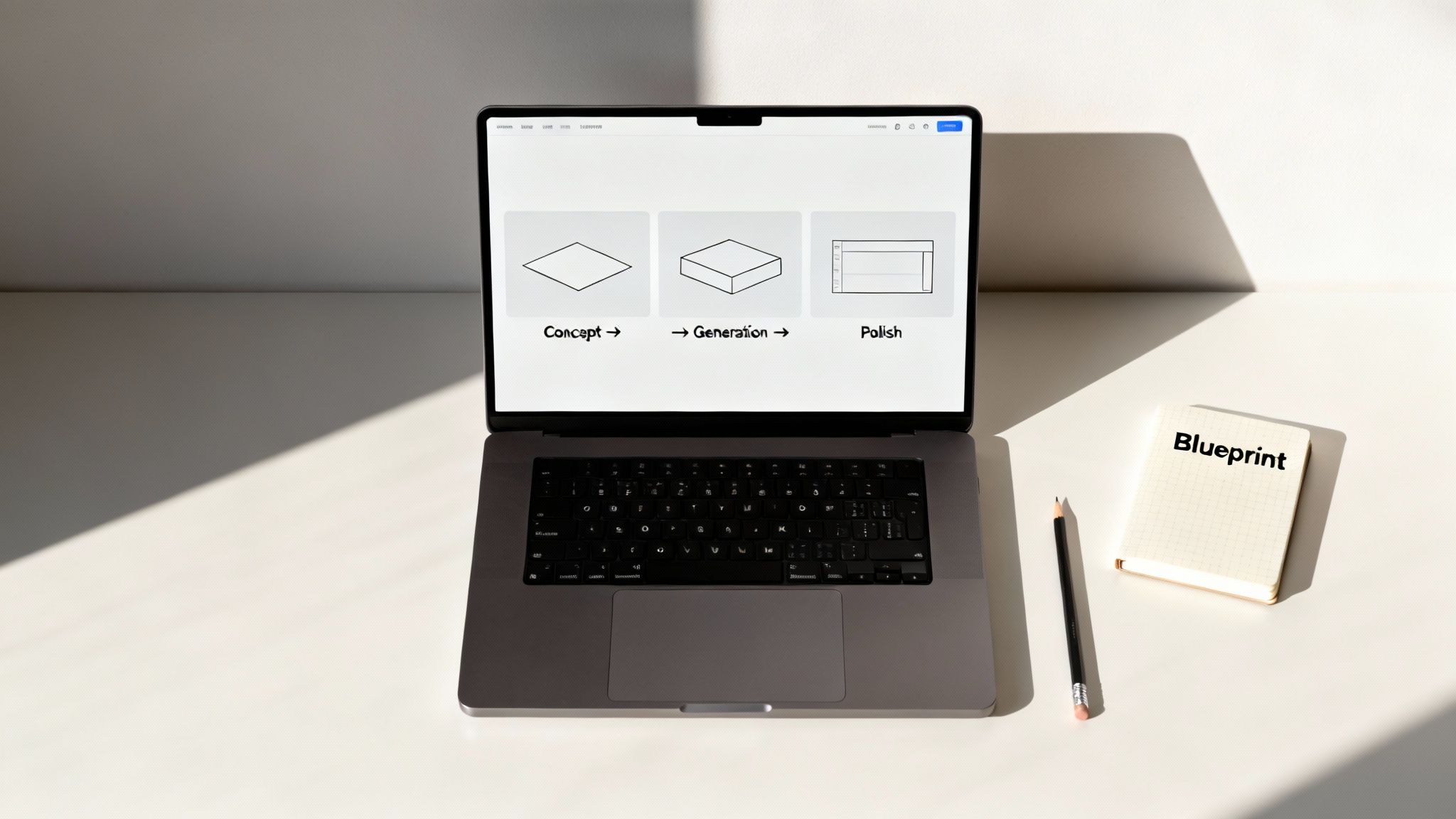 A laptop displays a design process, alongside a 'Blueprint' notebook and pencil on a bright desk.