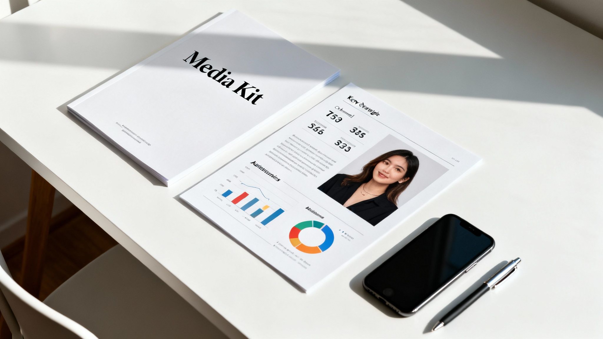 A bright flat lay of a media kit booklet, open media kit page, smartphone, and pen on a white table.