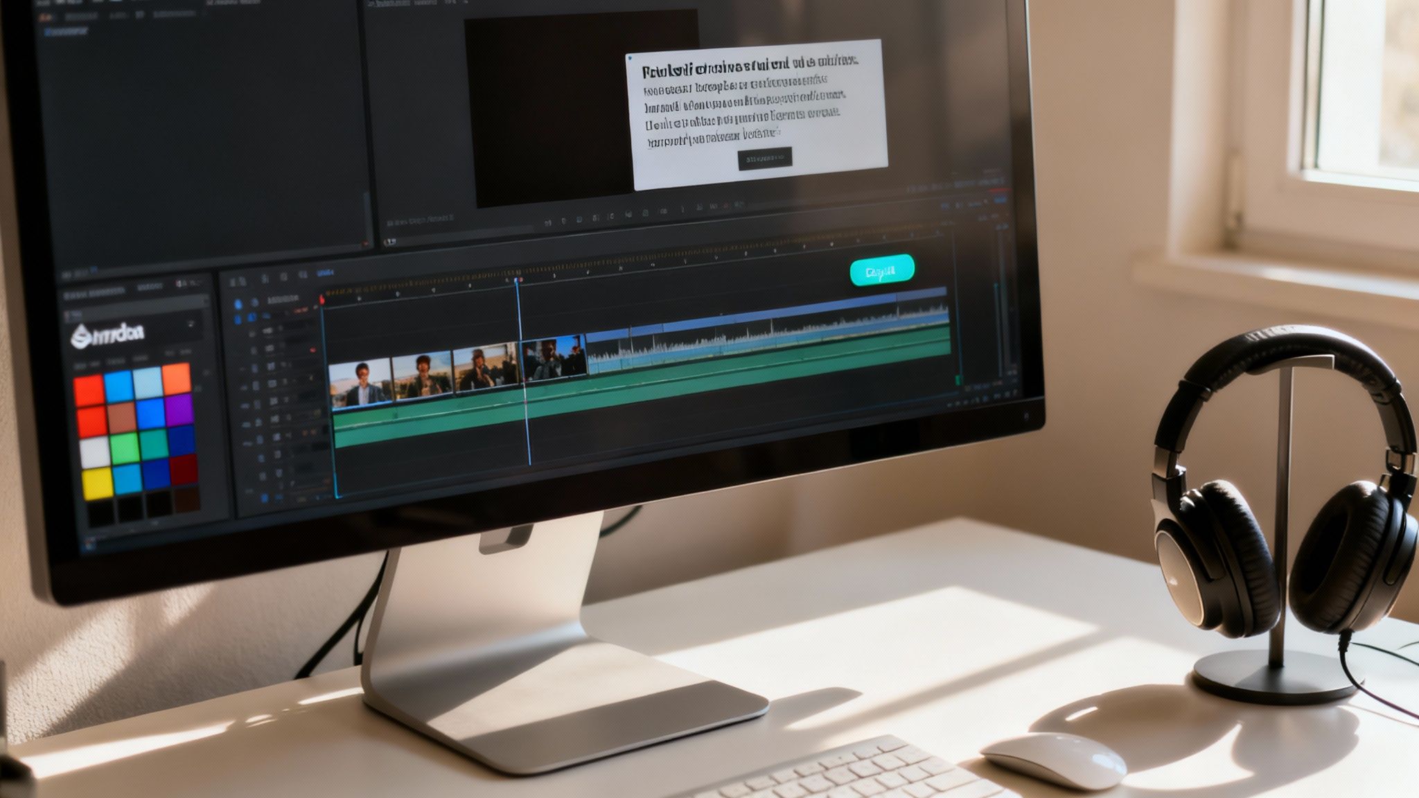 A computer monitor displays video editing software with clips, waveforms, and color palette, next to headphones.
