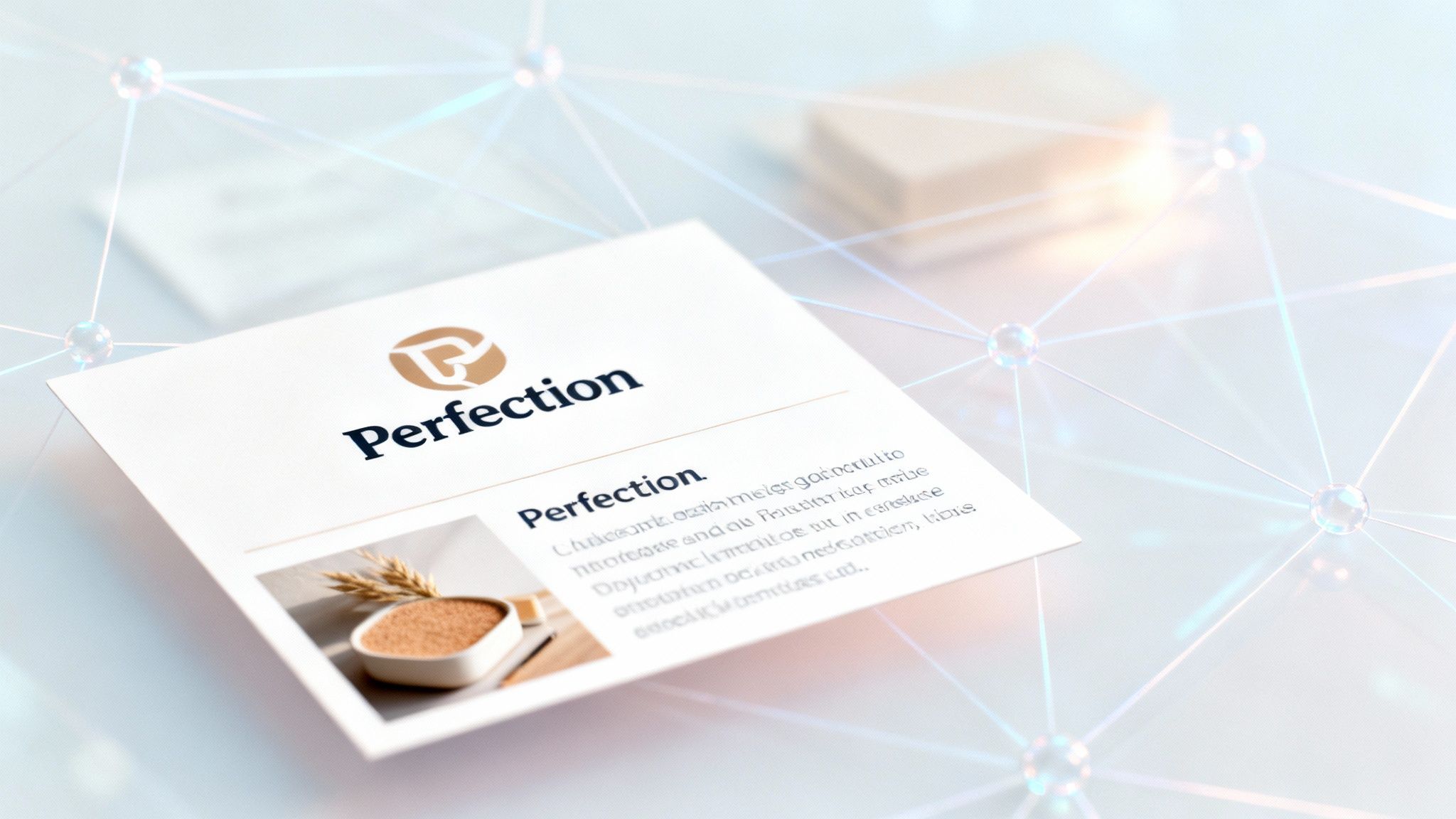 A white 'Perfection' brand card with a logo, text, and an image of wheat grains, on a networked background.