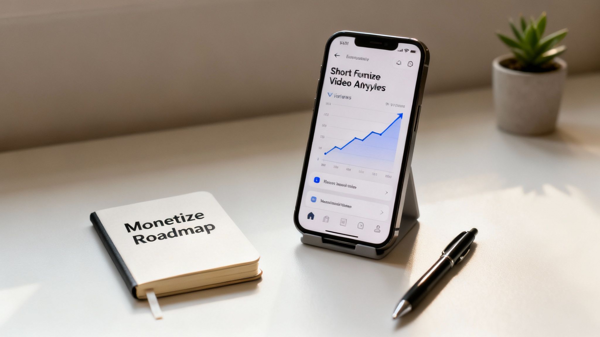 Close-up of a phone showing video growth analytics, a 'Monetize Roadmap' notebook, and a pen.